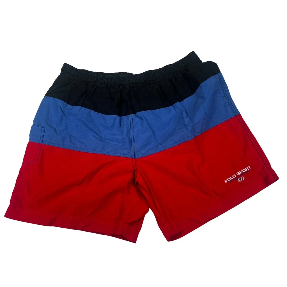 Vintage Polo Sport Ralph Lauren Swim Trunks Colorblock Mens Black Blue Red 549